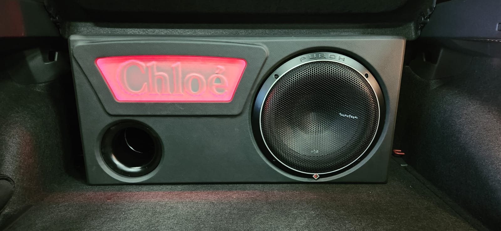 Green lit custom subwoofer panel